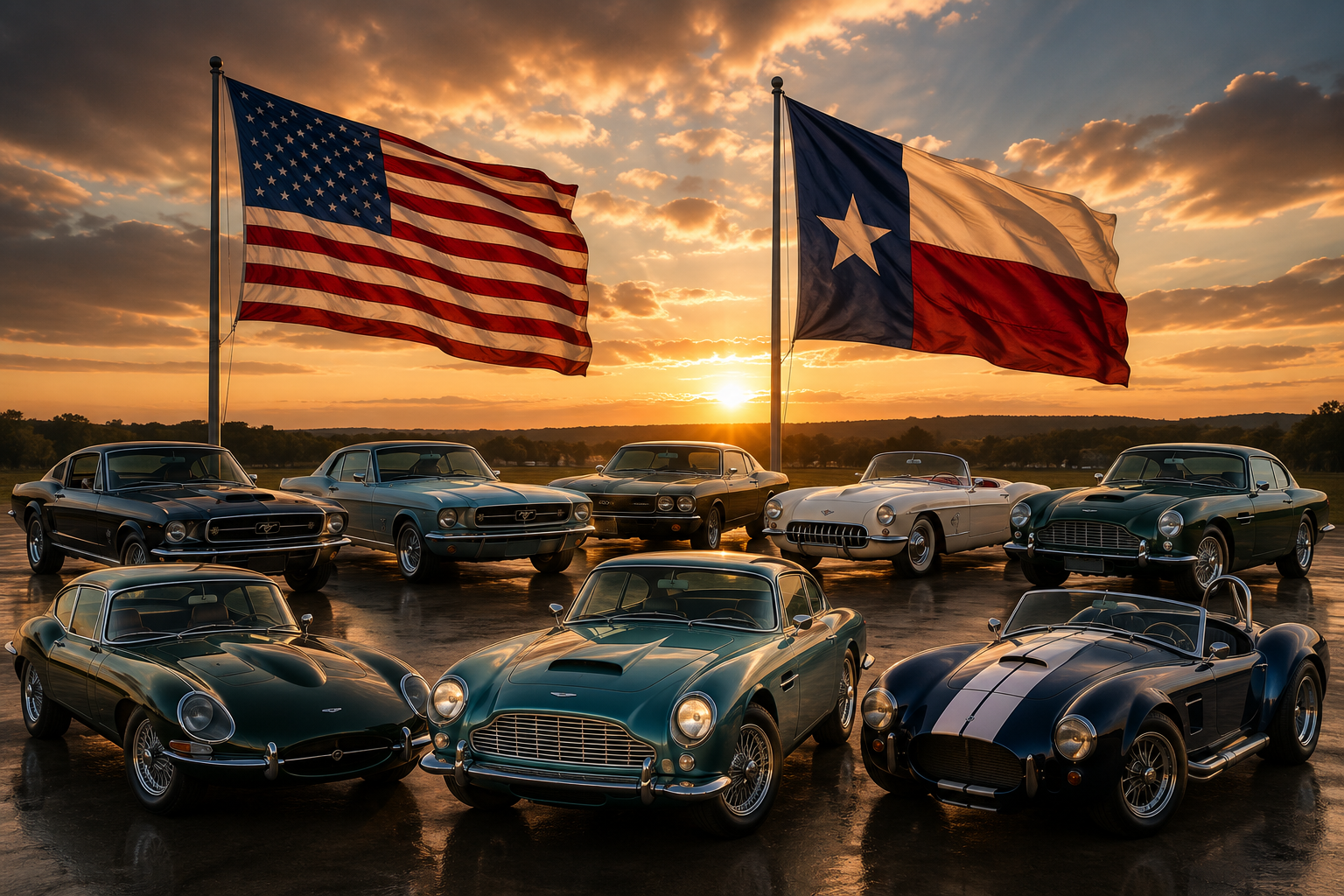 Classic cars at sunset beneath the American and Texas flags